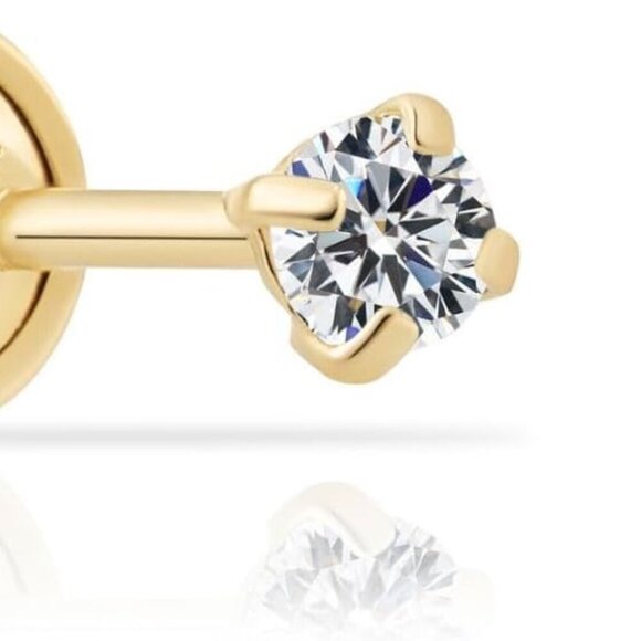 14k Yellow Gold Solitaire Round Cubic Zirconia Stud Earrings in Secure Screw-bac - Picture 1 of 6